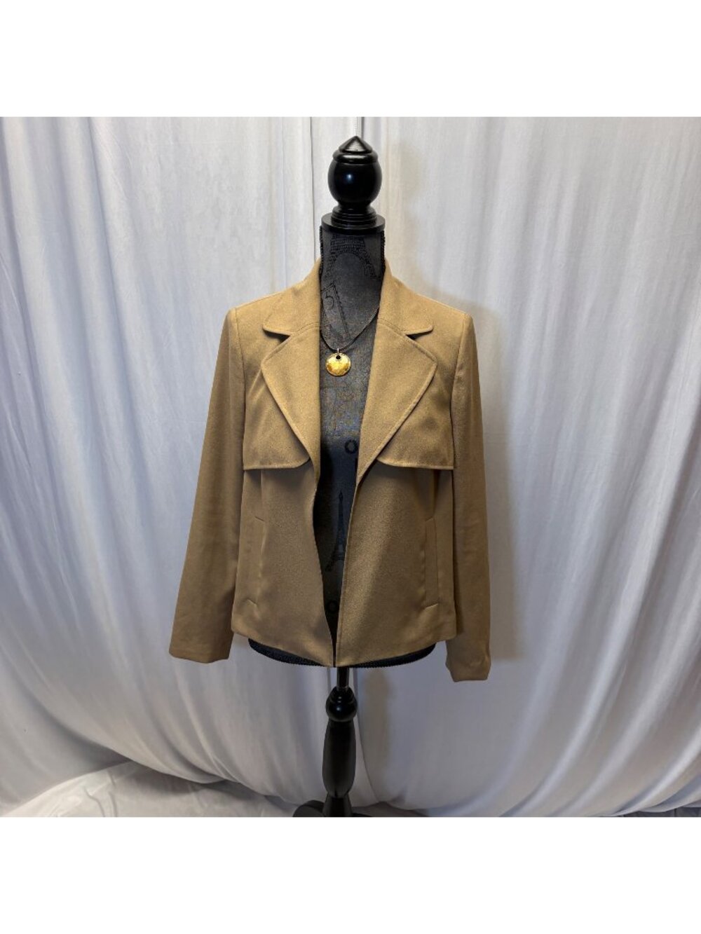 Roz and Ali Womens Jacket Size 6 Tan Open Front Notched Collar Office Casual